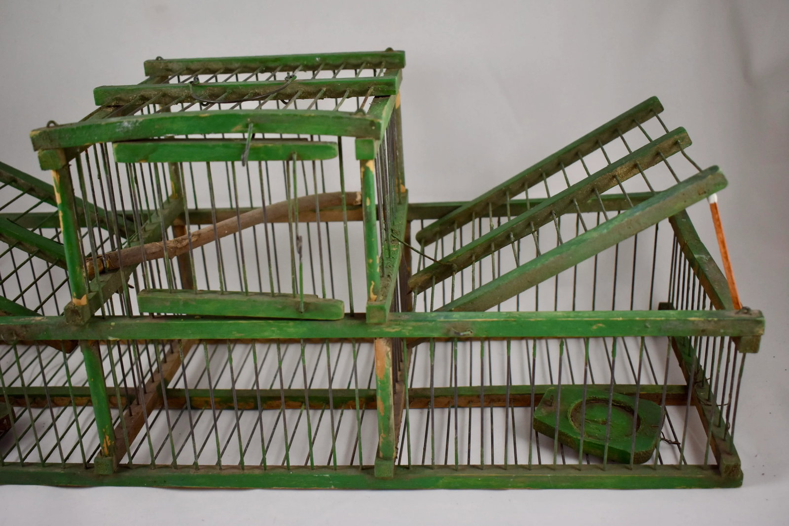 French Green Painted Rustic Handmade Double Finch Bird Cage - 11