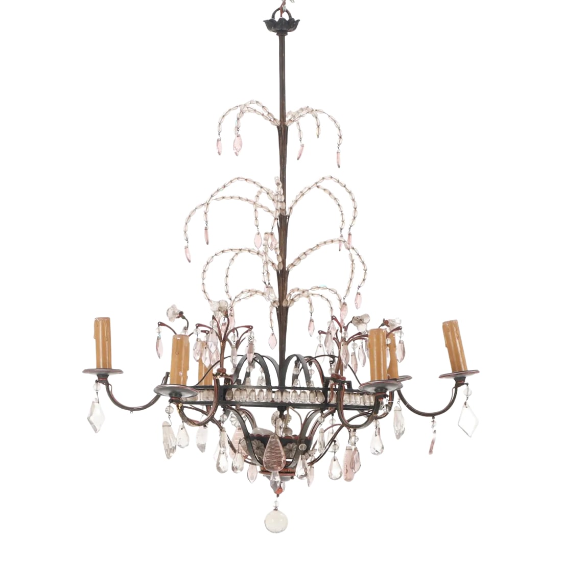 French Painted Iron and Beaded Chandelier in the Manner of Bagues C 1940.: French painted iron and beaded chandelier in the manner of Bagues C 1940. We are unable to test the working condition and we always recommend having lighting elements professionally re-wired for