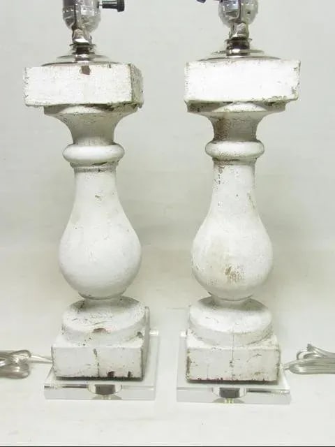 Pair of Antique Crusty Paint Column Lamps - 4