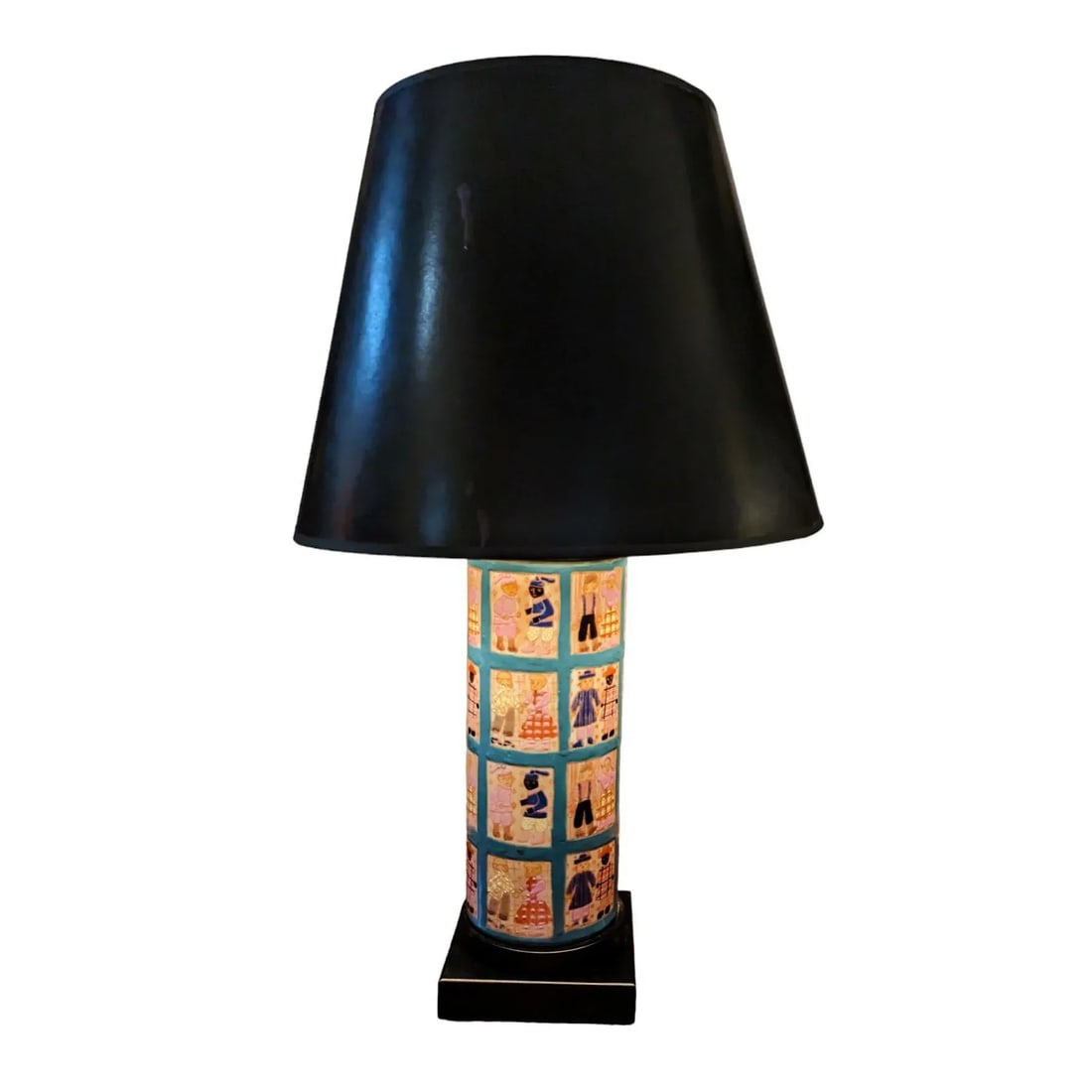 1960s Hand Painted Folk Art Quilt Inspired Table Lamp Unsigned With Edward Shade - 2
