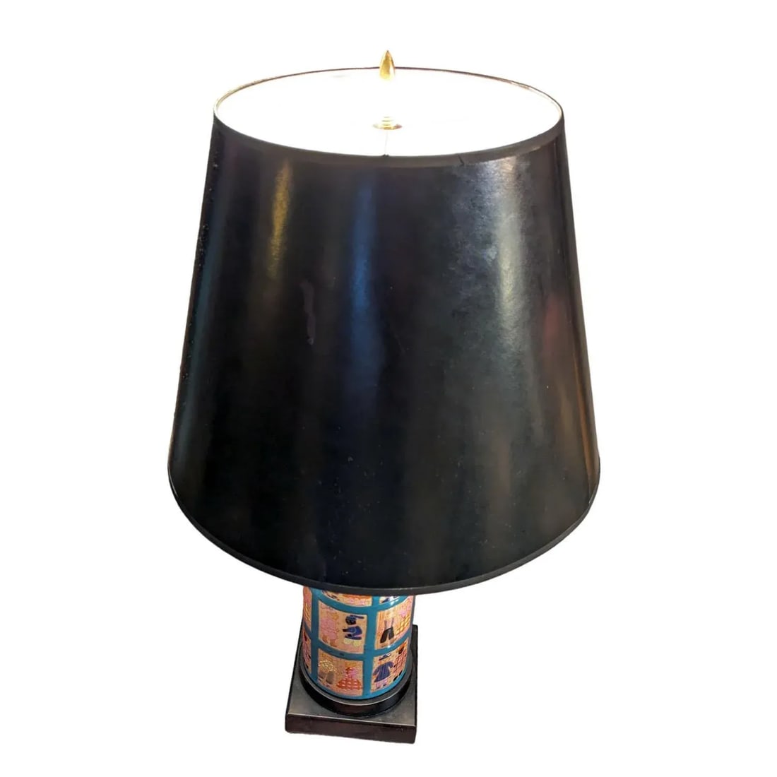 1960s Hand Painted Folk Art Quilt Inspired Table Lamp Unsigned With Edward Shade - 5