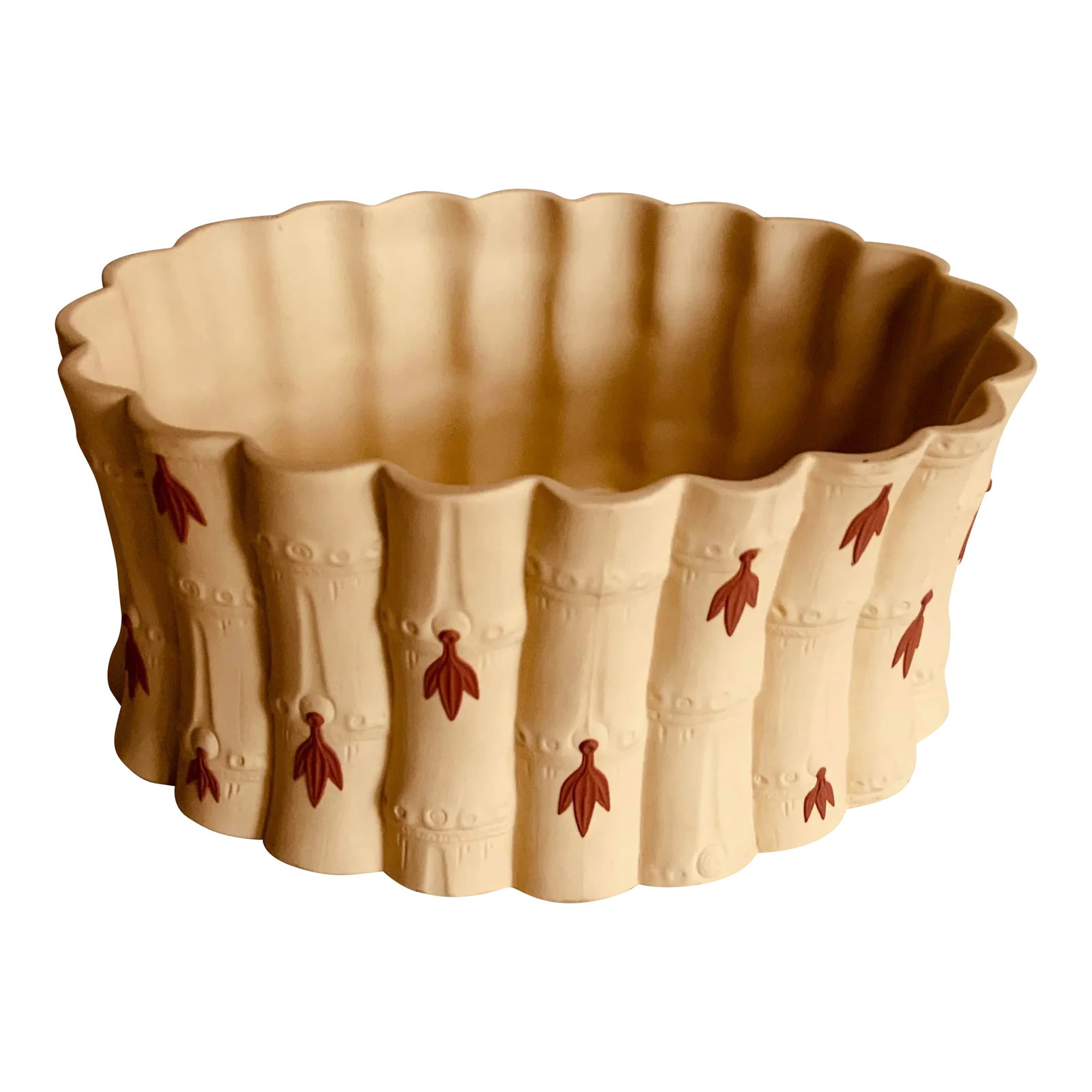 Early 20th Century Wedgwood Caneware Cache Pot With Primrose Terracotta - Large Form: A truly special piece of early 20th century caneware with primrose terracotta decorative leaves. This color, style and piece is as English as English can be. Product Details Material: Caneware with pr