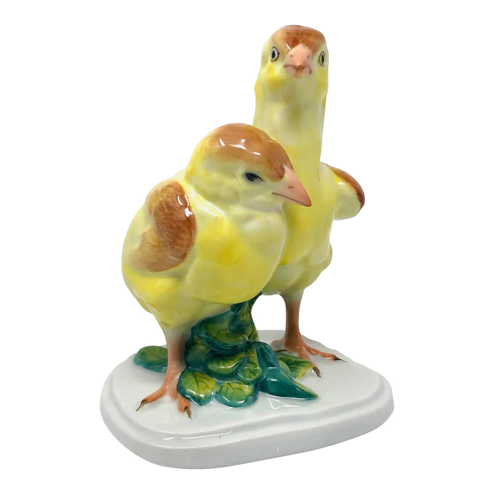 Late 20th Century Herend Pair of Yellow Chicks Handpainted Porcelain Figurine: This Herend pair of yellow chicks handpainted porcelain figurine is in good condition as pictured with no chips or cracks. Has two small white spots of paint loss as pointed out in the last two