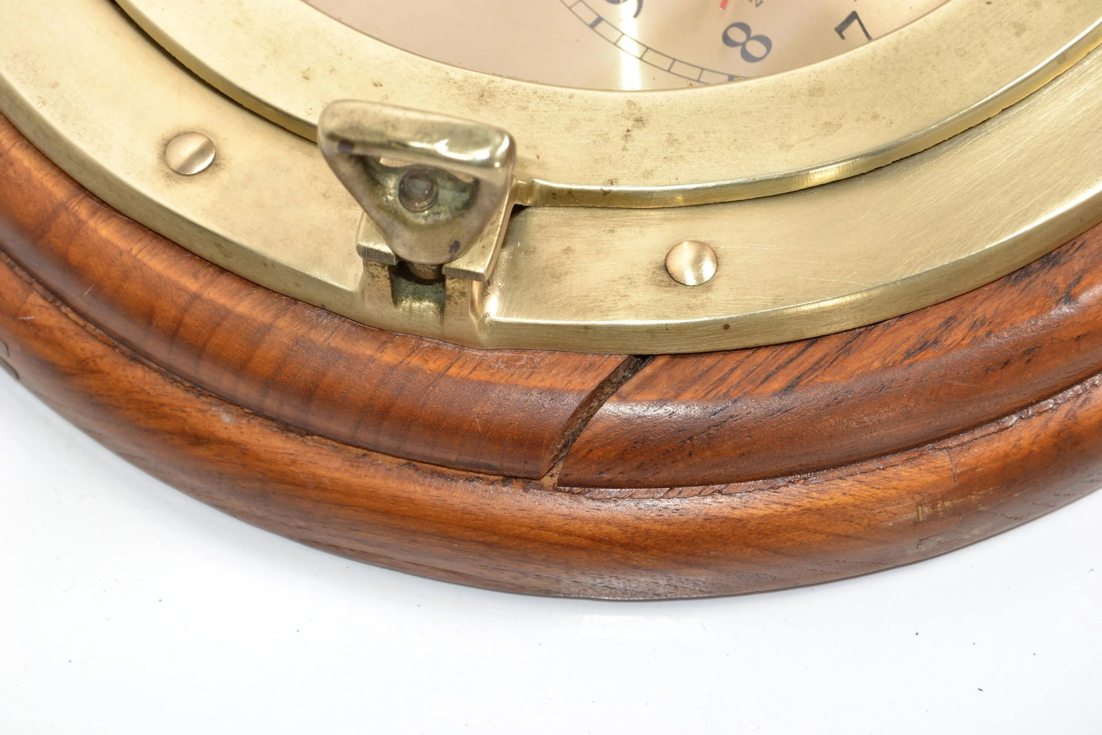 1960s Nautical Porthole Quartz Clock Weather Station Barometer Brass Oak Wood - 11