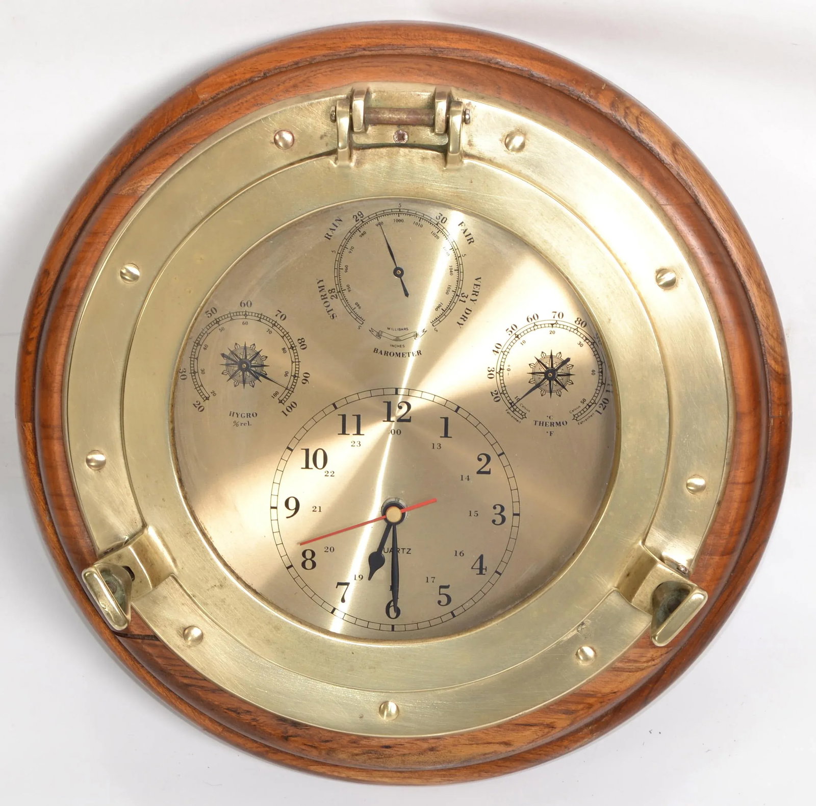 1960s Nautical Porthole Quartz Clock Weather Station Barometer Brass Oak Wood - 12
