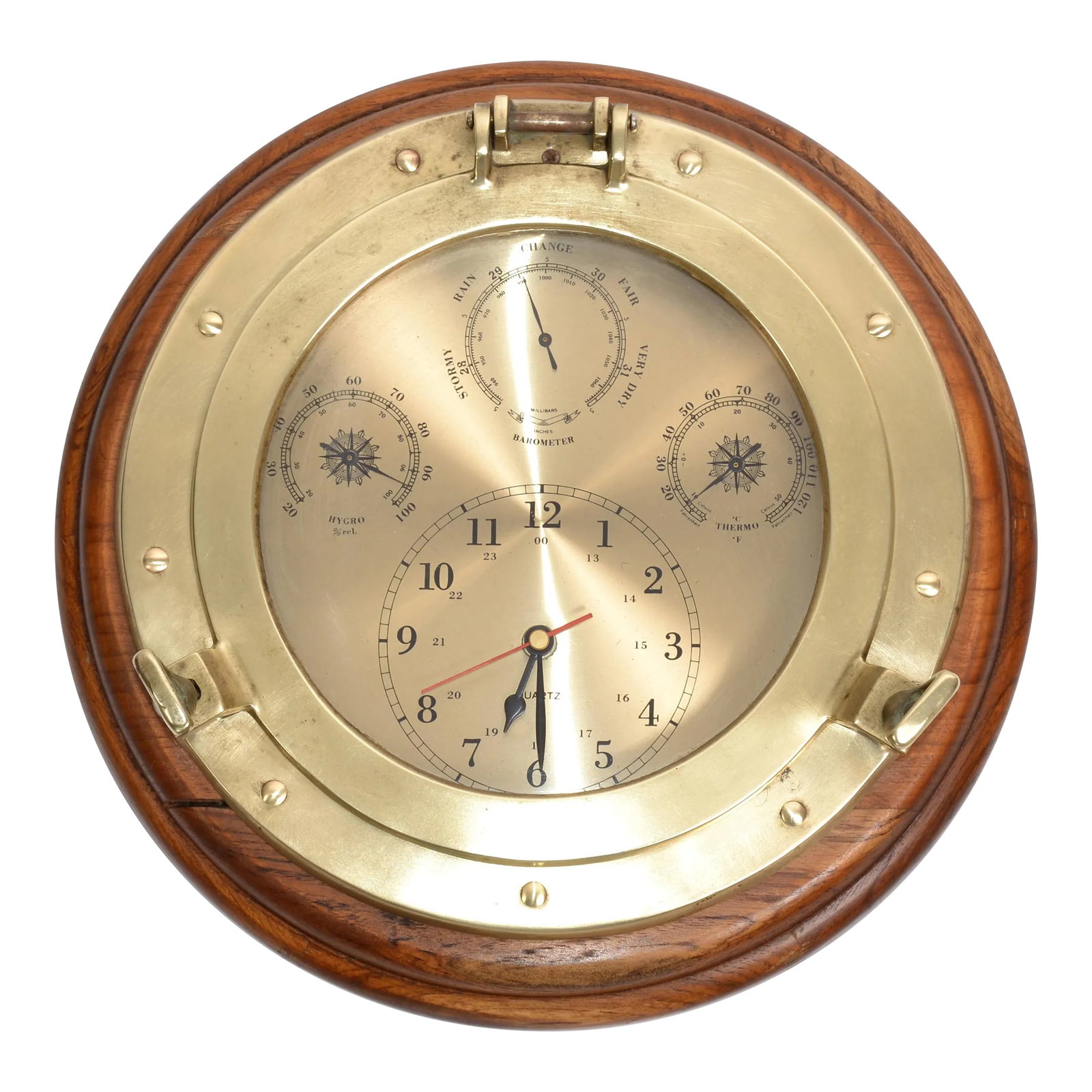 1960s Nautical Porthole Quartz Clock Weather Station Barometer Brass Oak Wood (1 of 12)