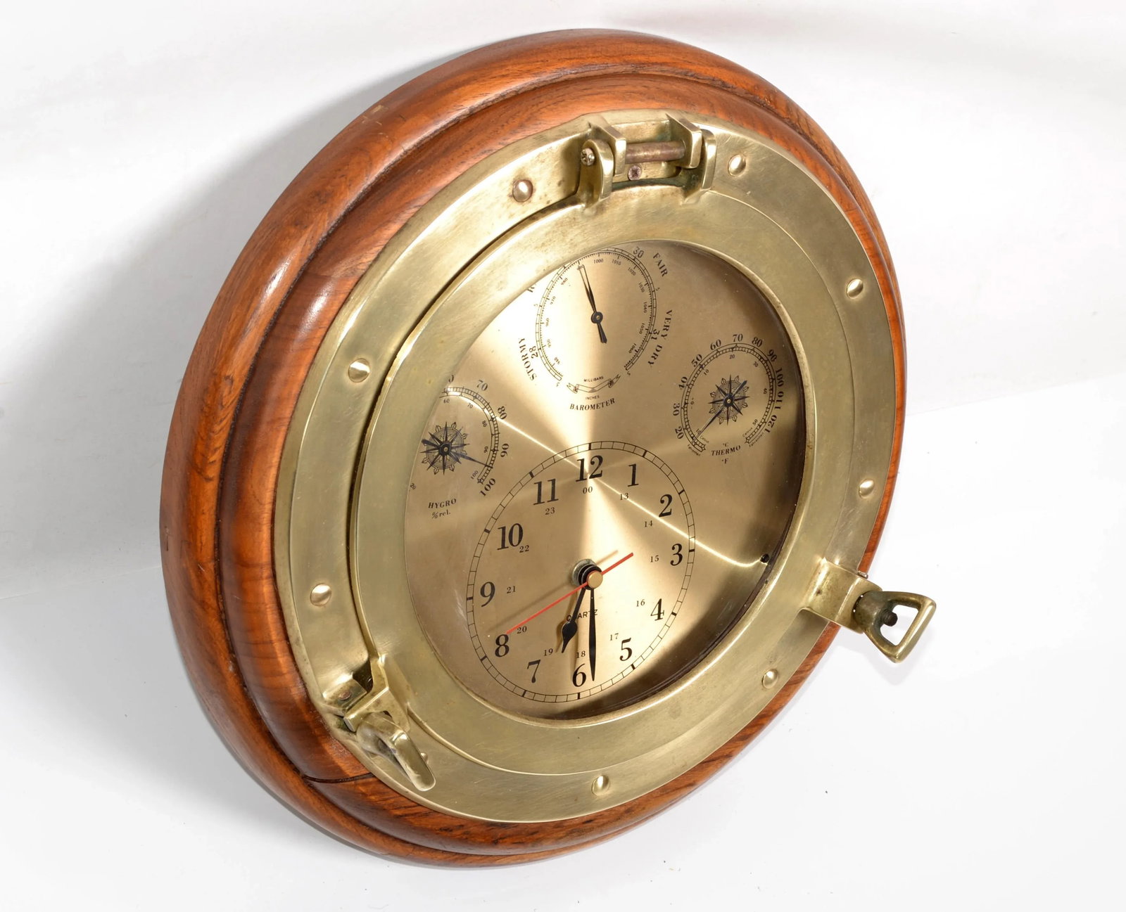 1960s Nautical Porthole Quartz Clock Weather Station Barometer Brass Oak Wood - 2