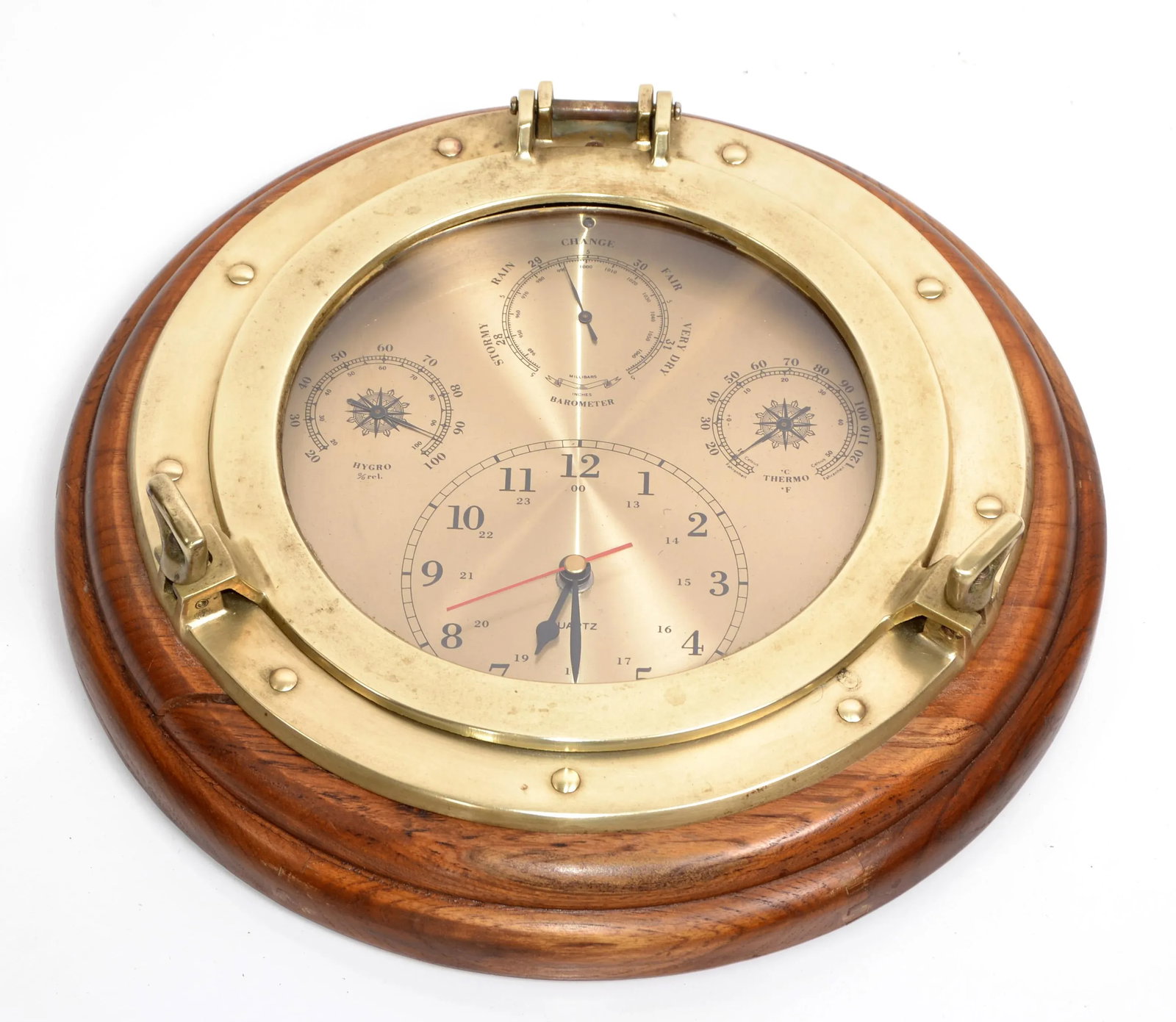 1960s Nautical Porthole Quartz Clock Weather Station Barometer Brass Oak Wood - 3