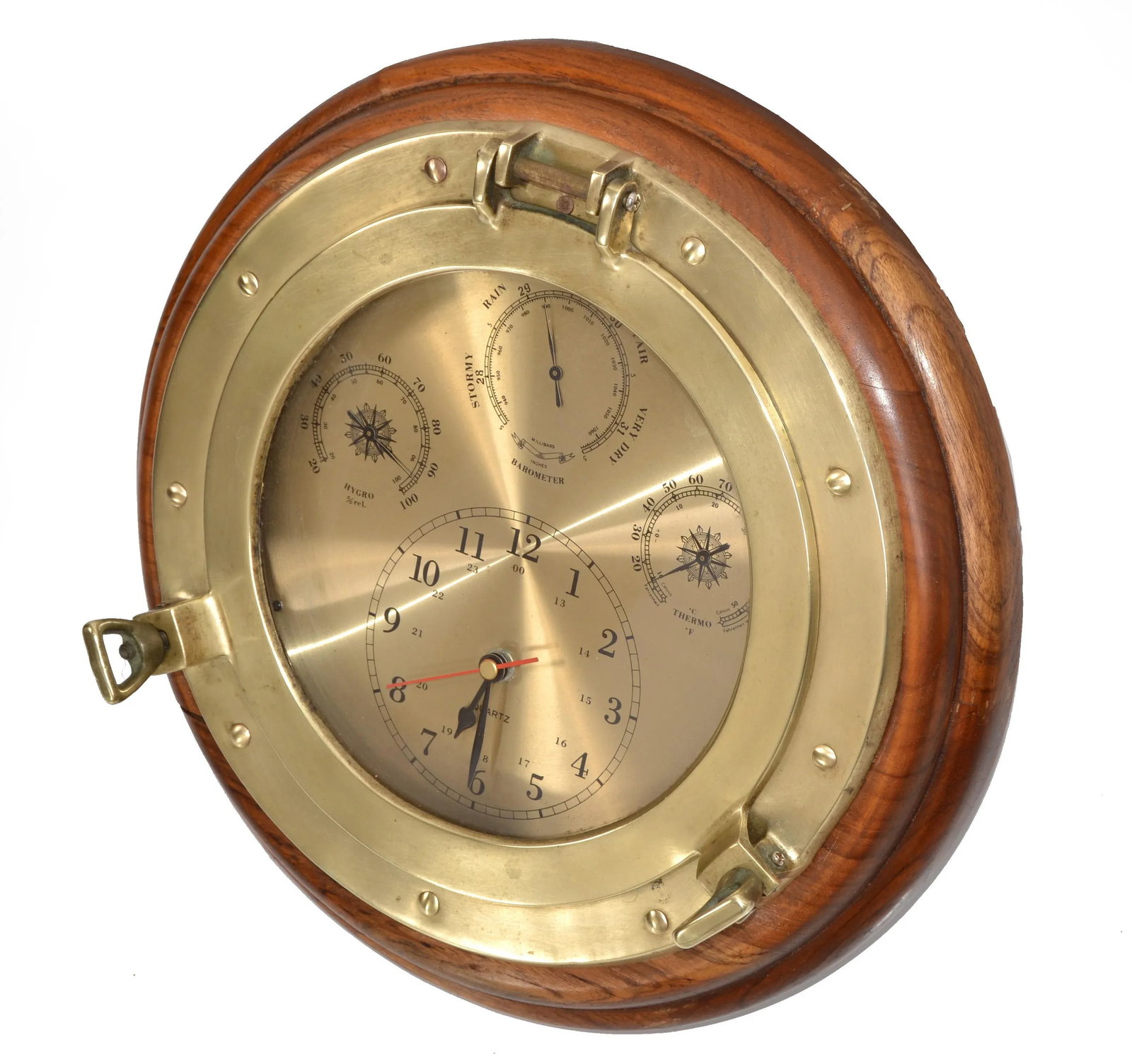 1960s Nautical Porthole Quartz Clock Weather Station Barometer Brass Oak Wood - 4