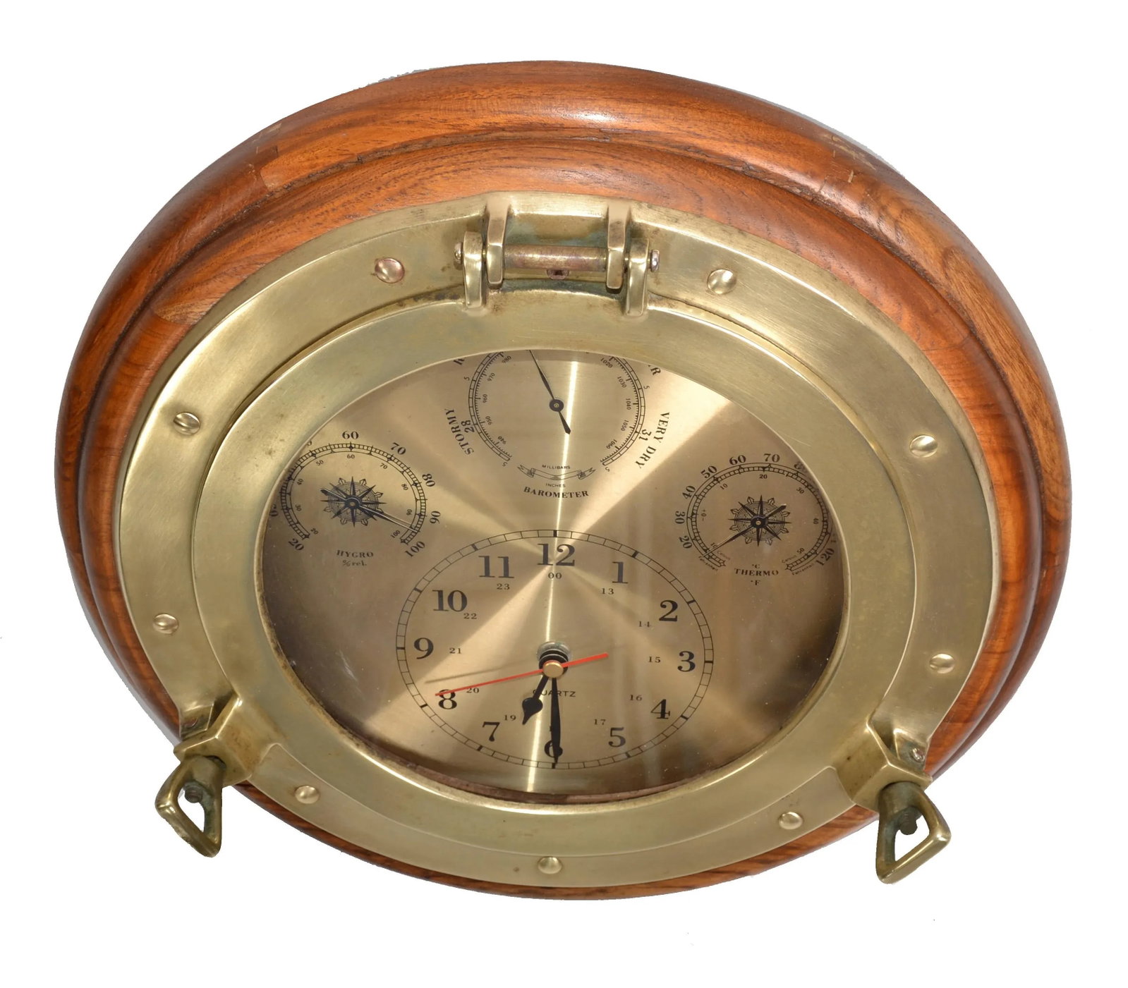 1960s Nautical Porthole Quartz Clock Weather Station Barometer Brass Oak Wood - 5
