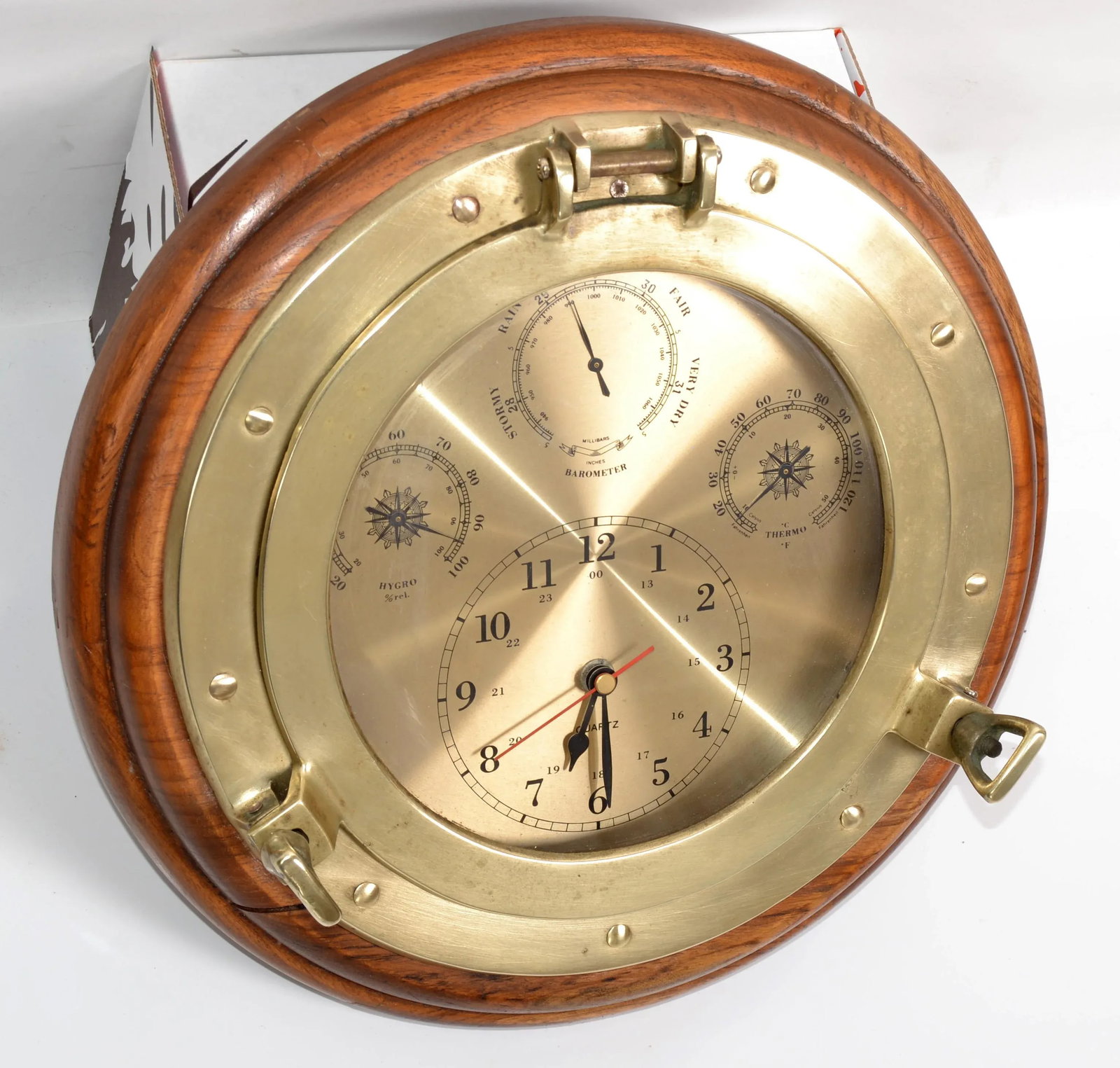 1960s Nautical Porthole Quartz Clock Weather Station Barometer Brass Oak Wood - 6