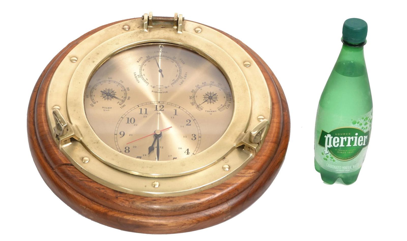 1960s Nautical Porthole Quartz Clock Weather Station Barometer Brass Oak Wood - 7