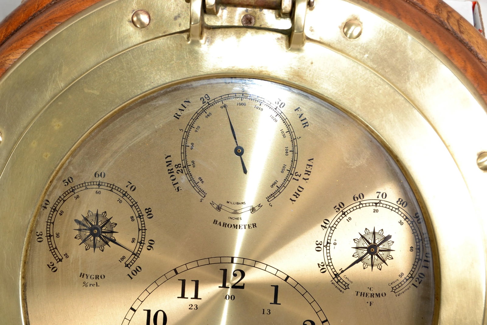 1960s Nautical Porthole Quartz Clock Weather Station Barometer Brass Oak Wood - 8