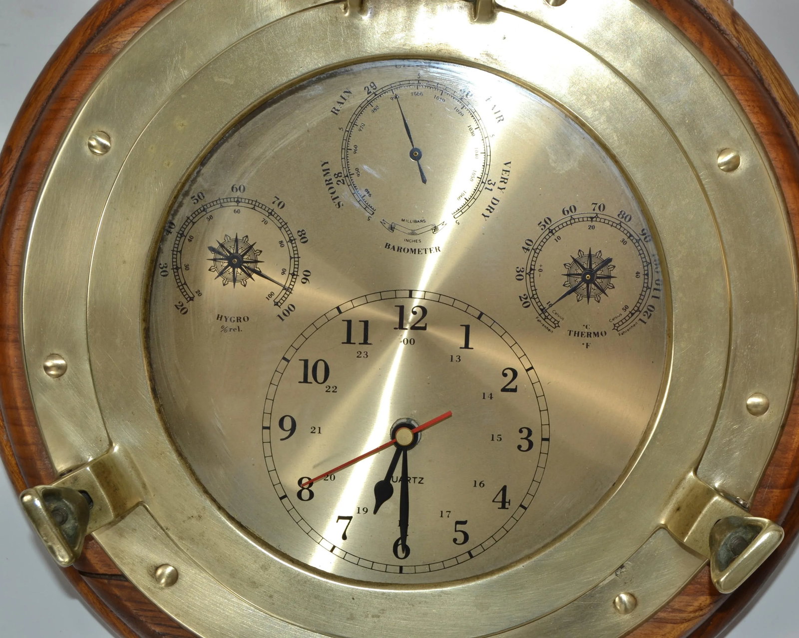 1960s Nautical Porthole Quartz Clock Weather Station Barometer Brass Oak Wood - 9