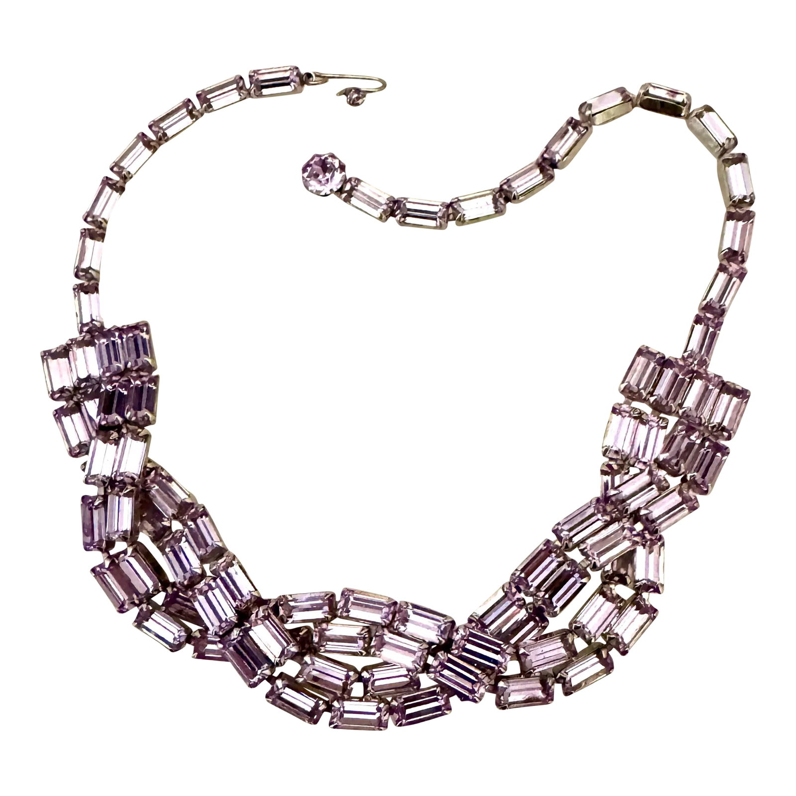 Weiss Braided Necklace Alexandrite Rhinestones: This is part of Chairish's Costume Jewelry assortment. Braided 1950s necklace decorated with alexandrite color changing rhinestones that appear light purple or blue depending on the light source.