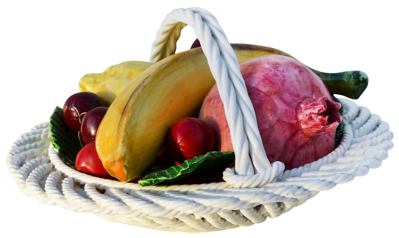 Midcentury Ceramic Fruit Basket: Vintage intricate ceramic woven basket with a handle and bunch of fruit. No makers mark. This beautiful accent ships within 1-2 business days from purchase, and to be received within 2-4 business