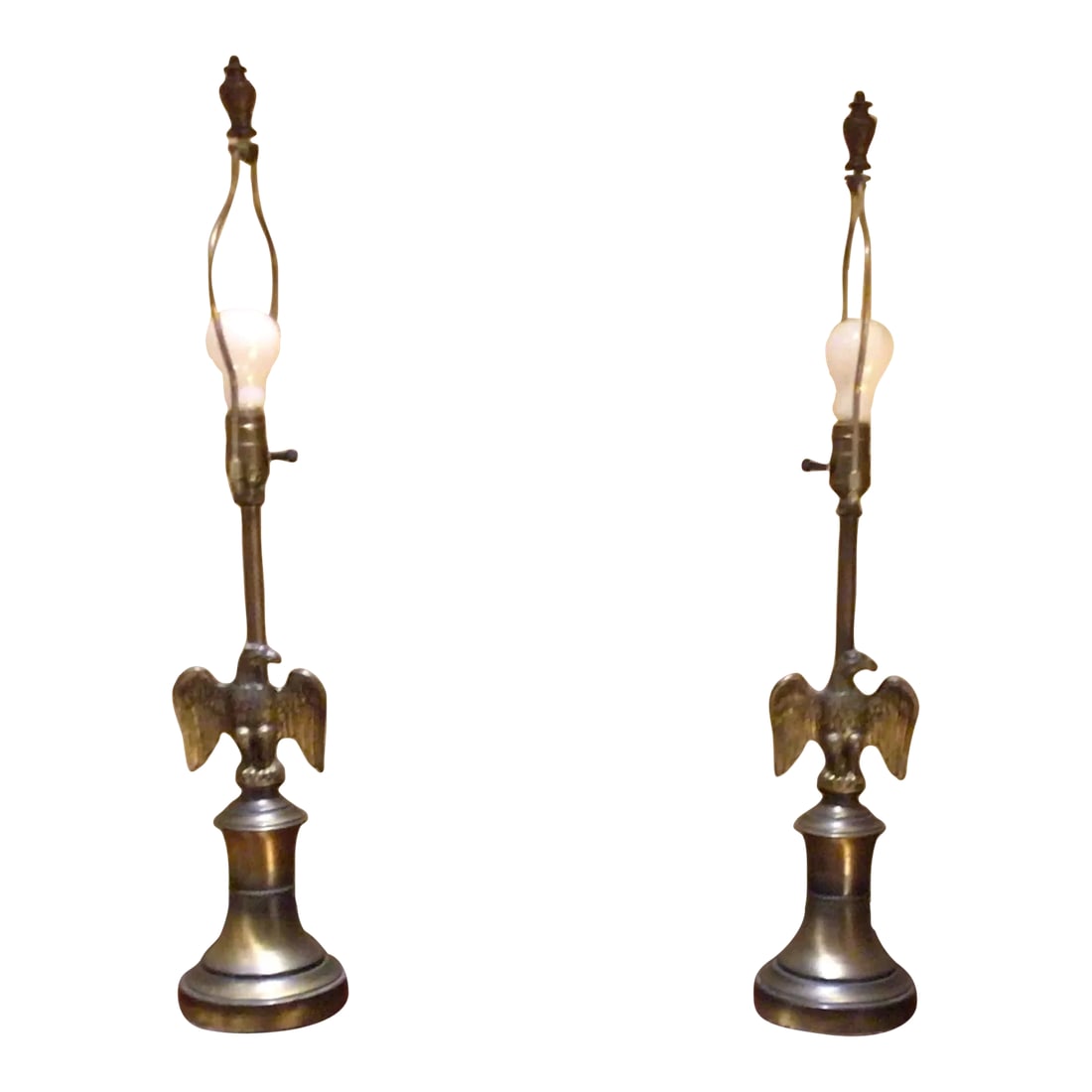 Mid-Century Ethan Allen Table Lamps - a Pair: Purchased in a Tidewater, Virginia gallery in the mid-1960s and reminiscent of the Federal, Empire and Neoclassical design periods, these Ethan Allen lamps are crafted in metal with a deep patina that