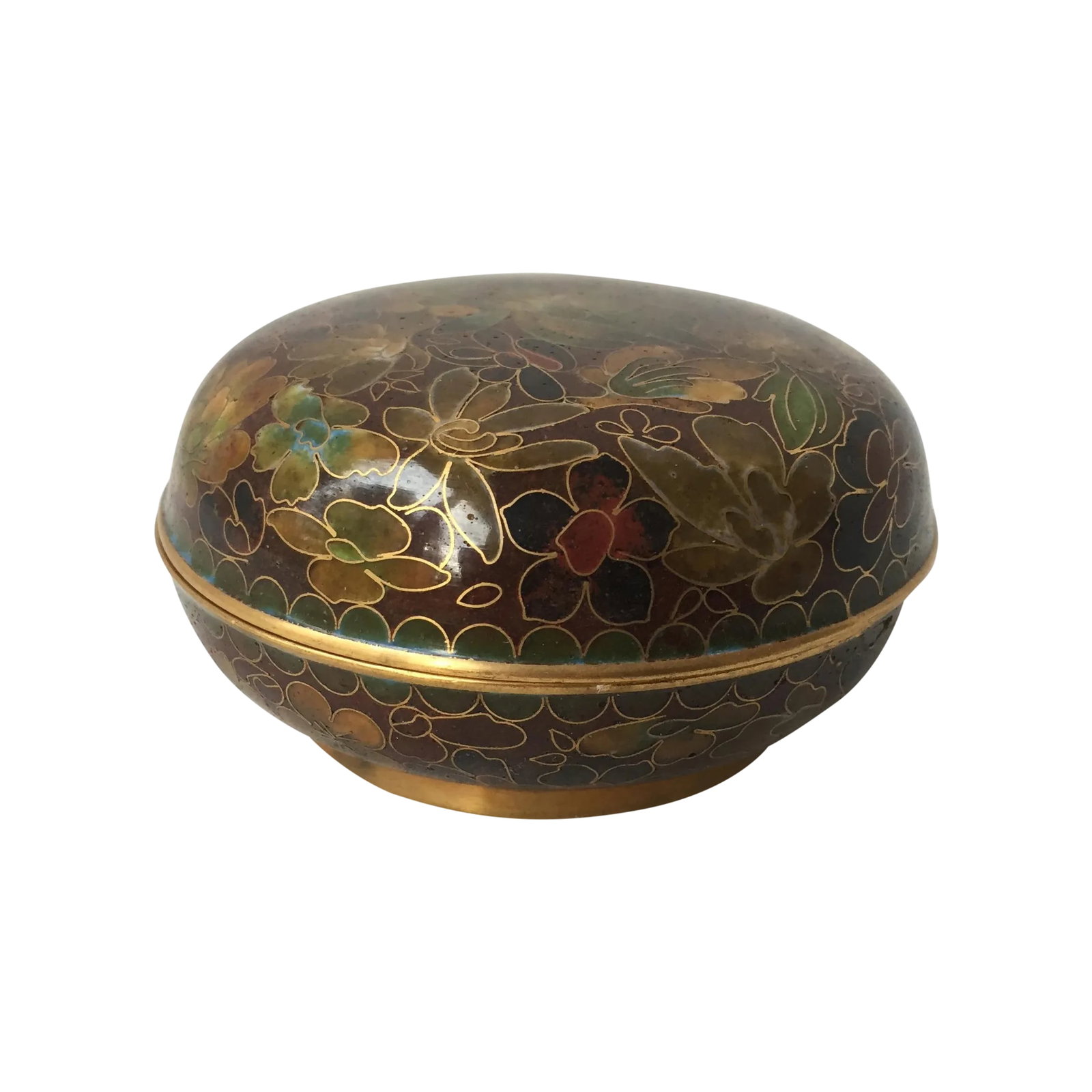 Cloisonne Lidded Dish: Wonderful vintage lidded box with intricate enamel work known as cloisonne. The dish has a lovely warm color scheme and is in fantastic condition. Condition: Condition Notes: Excellent - Minor wear
