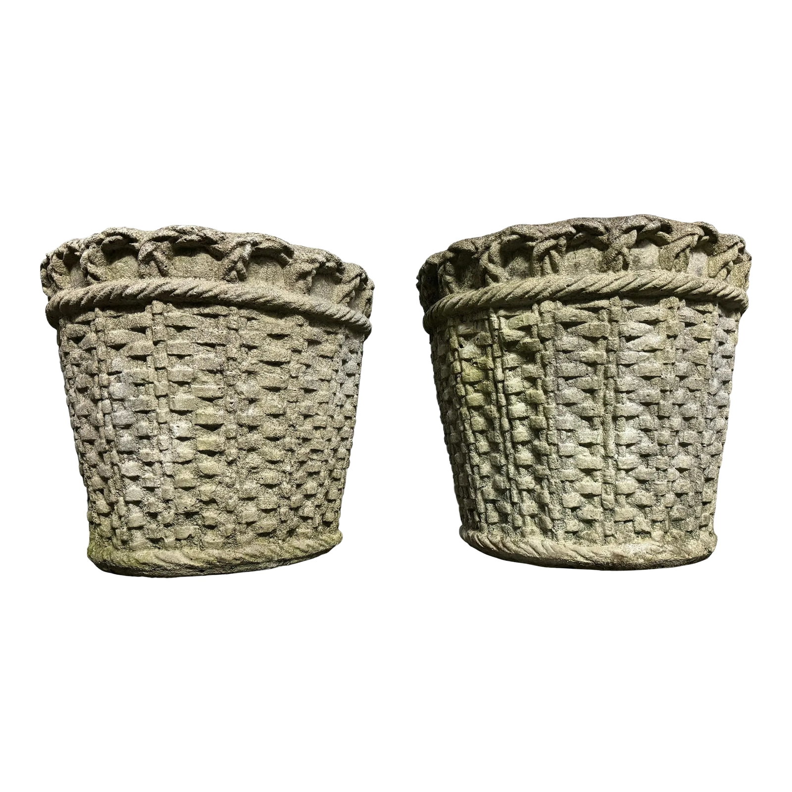 French Mid Century Cast Stone Woven Basket Planters - Set of 2: Large pair of cast stone woven planters. The sides resemble a basket with a woven handle detail on top. Great for a lemon tree! These are vintage from France, circa 1940's. Very heavy and large size!