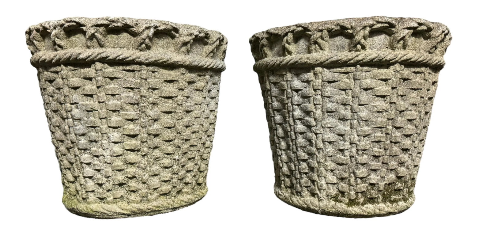 French Mid Century Cast Stone Woven Basket Planters - Set of 2 - 2