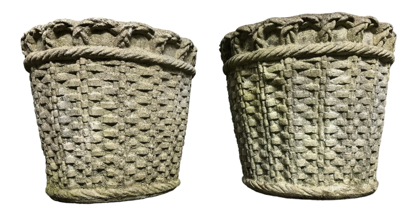 French Mid Century Cast Stone Woven Basket Planters - Set of 2 - 4