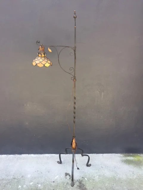 1900's European Wrought Iron Floor Lamp With Glass Leaded Shade - 11
