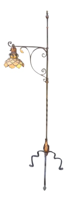 1900's European Wrought Iron Floor Lamp With Glass Leaded Shade: 1900's European Wrought Iron Floor Lamp With Glass Leaded Shade base . 16" diameter Condition: Alterations: Original Condition Unaltered Imperfections: Some Imperfections Condition Notes: Excellent!