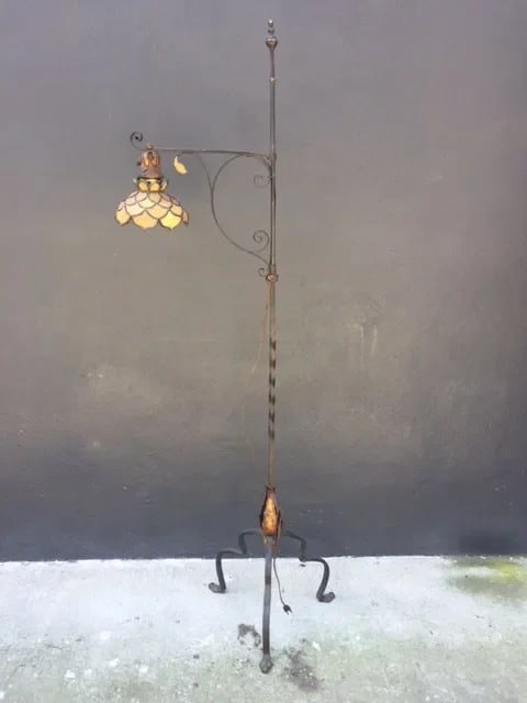 1900's European Wrought Iron Floor Lamp With Glass Leaded Shade - 2