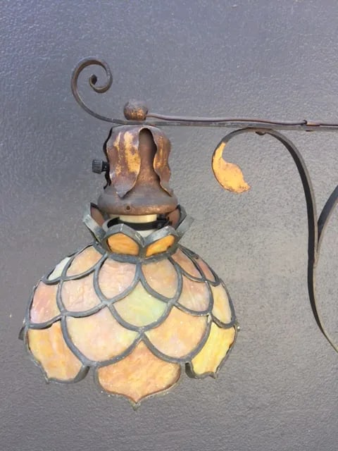1900's European Wrought Iron Floor Lamp With Glass Leaded Shade - 3