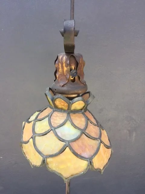 1900's European Wrought Iron Floor Lamp With Glass Leaded Shade - 4