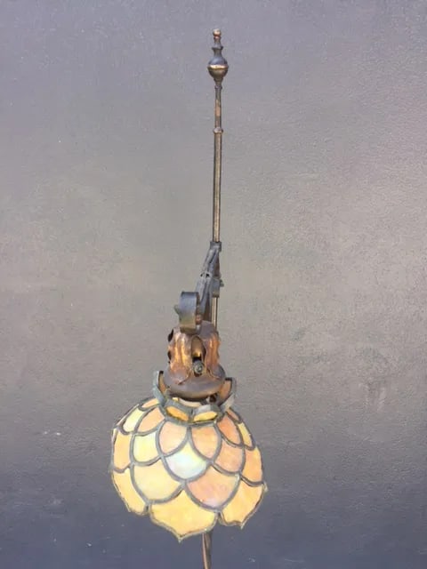 1900's European Wrought Iron Floor Lamp With Glass Leaded Shade - 5