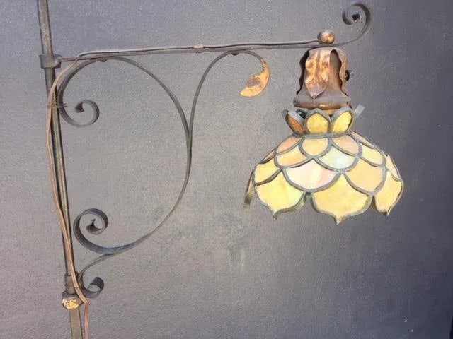 1900's European Wrought Iron Floor Lamp With Glass Leaded Shade - 8