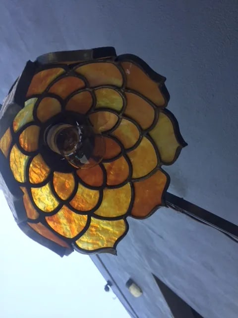 1900's European Wrought Iron Floor Lamp With Glass Leaded Shade - 9