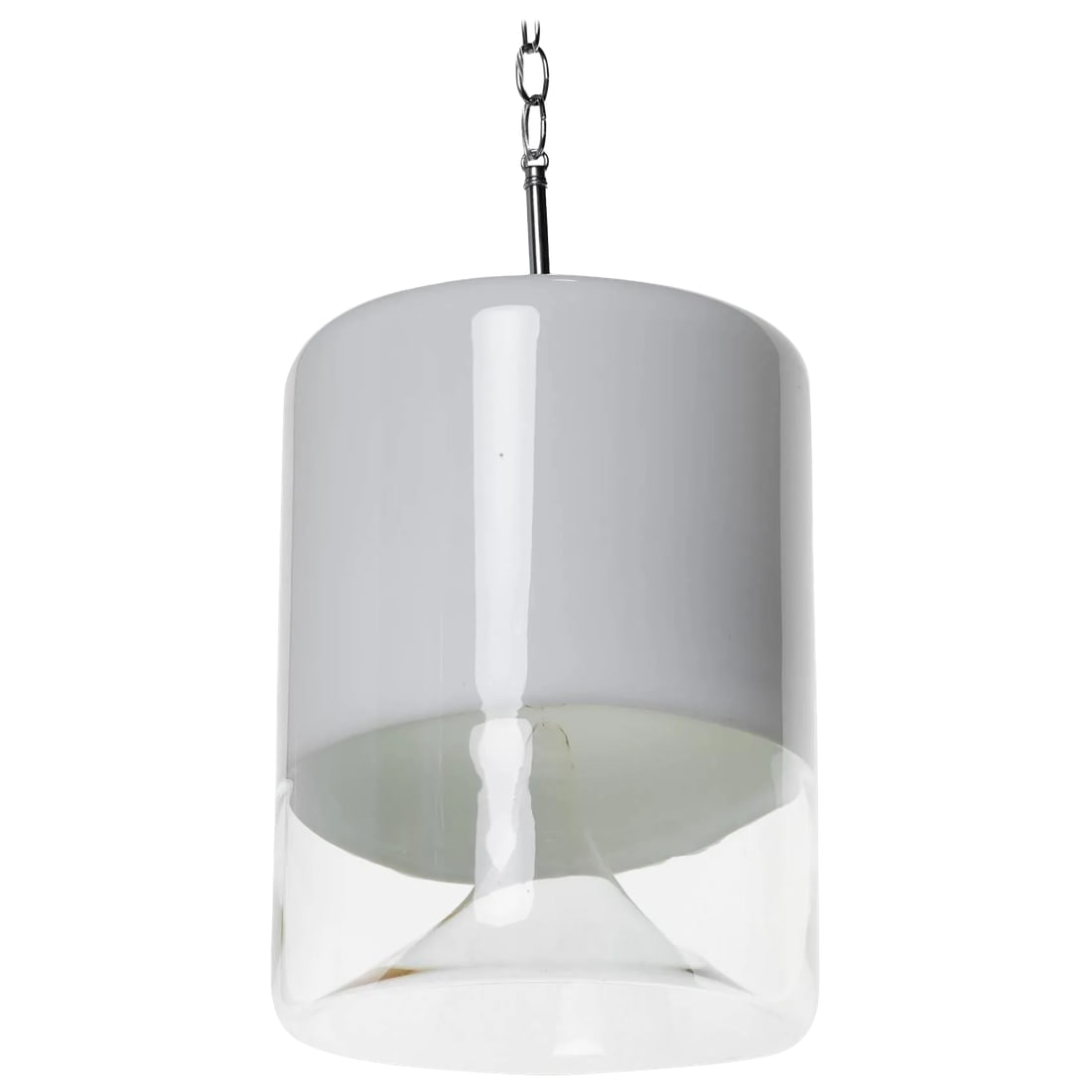 1960s Lightolier Handblown Chandelier: 1960s Lightolier handblown fixture. The white part of the glass was purposely blown askew, to give this fixture a more interesting look. This chandelier has been totally restored. Condition: