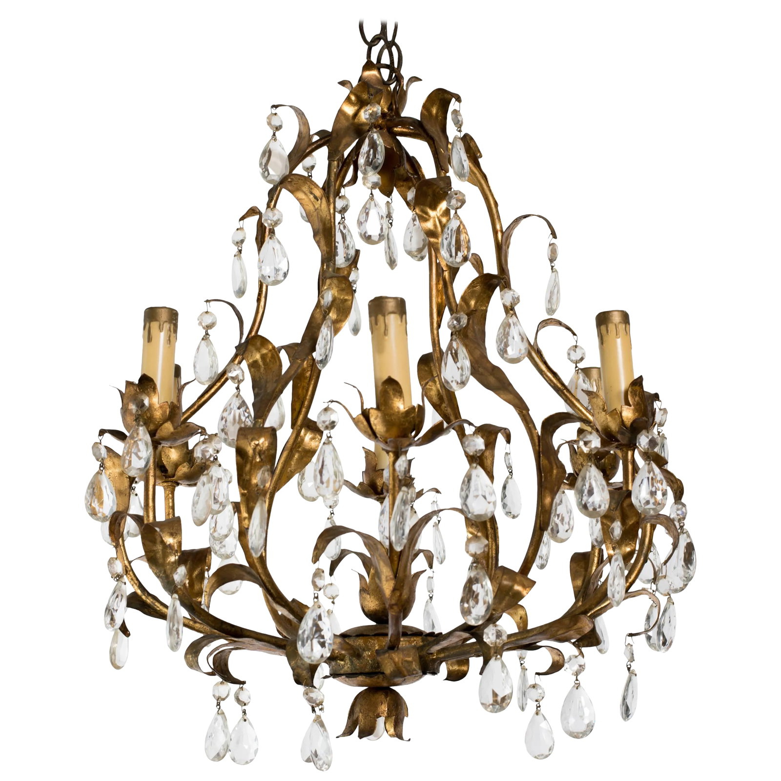 Gilt Metal and Crystal Chandelier: Gilt metal and crystal chandelier. Condition: Alterations: Original Condition Unaltered Imperfections: Some Imperfections Condition Notes: Good Wear consistent with age and use. Materials &