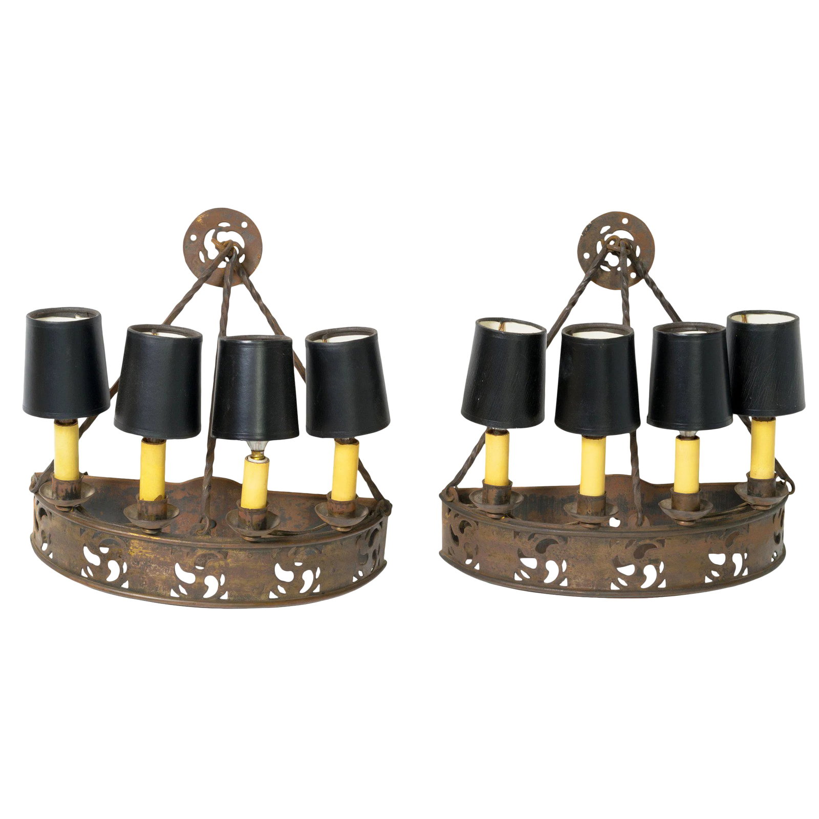 Gothic Sconces - a Pair: Great pair of 1920s half circle gothic sconces. Condition: Alterations: Original Condition Unaltered Imperfections: Some Imperfections Condition Notes: Good Needs rewiring Wear consistent with age and