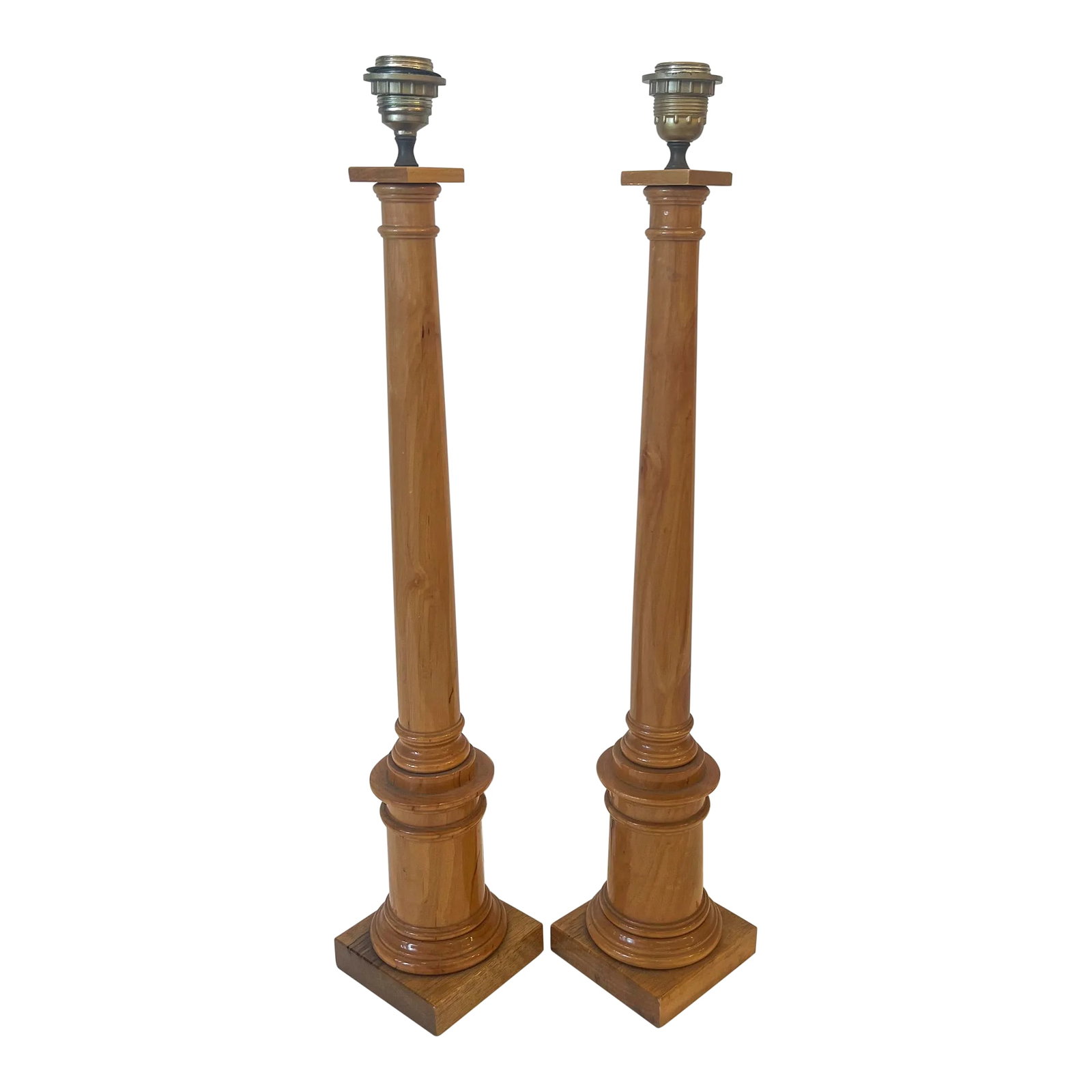 Fornasetti Wooden Column Table Lamps: Pair of Wooden Table Lamps one does have a Label of Fornasetti maker. The wiring is 2 different colors one black wire the other white . Condition: Alterations: Original Condition Unaltered Imperfectio
