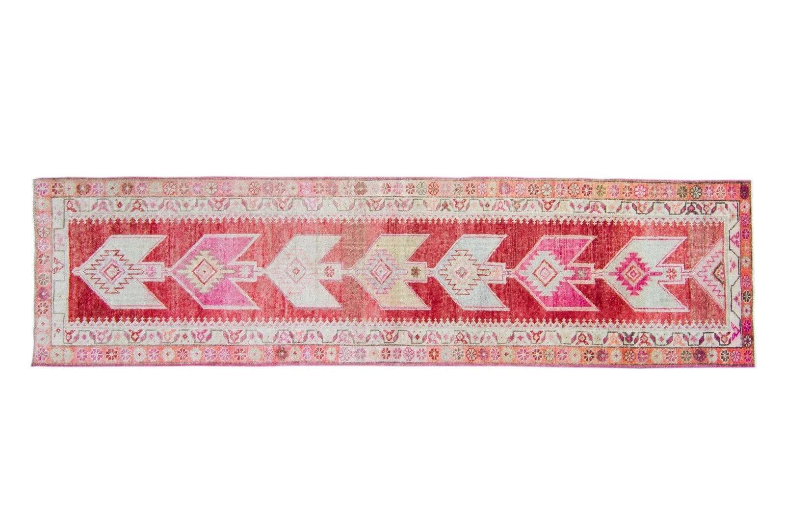 House of Seance - 1950s Vintage Oushak Arrows Distressed Ushak Long Hand-Knotted Runner - 2'9" X 10' - 11
