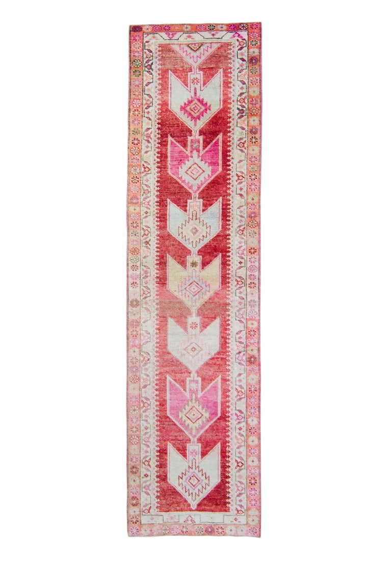 House of Seance - 1950s Vintage Oushak Arrows Distressed Ushak Long Hand-Knotted Runner - 2'9" X 10': The arrow-medallion design of this vintage runner will take your aesthetic sense to the next level. Featuring colors such as beige, pink, mauve, orange, red, pale green, and brown. :diamonds: our