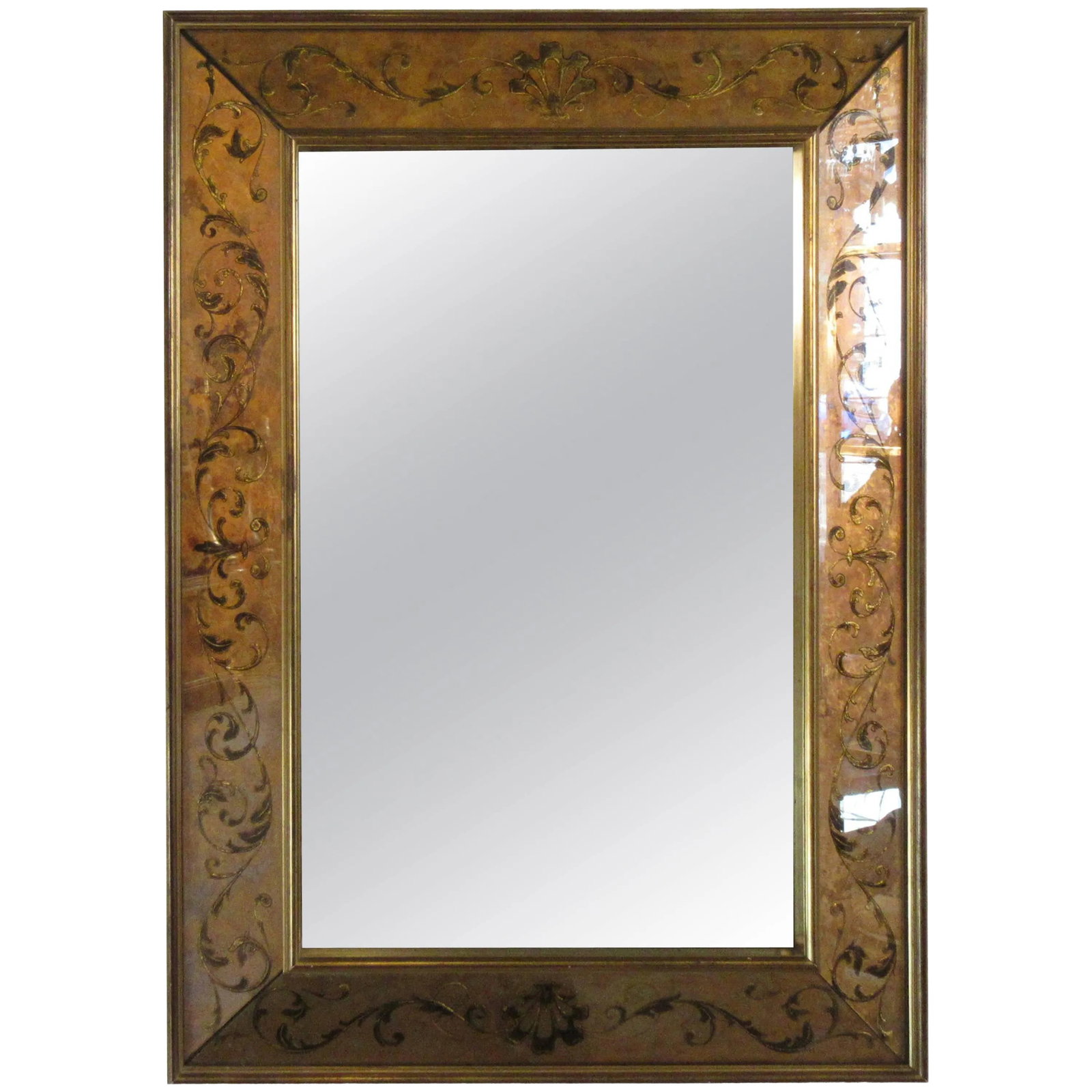 1960s French Reverse Painted Mirror: 1960s French reverse painted mirror French export sticker on back. Condition: Alterations: Original Condition Unaltered Imperfections: Some Imperfections Condition Notes: Good Wear consistent with