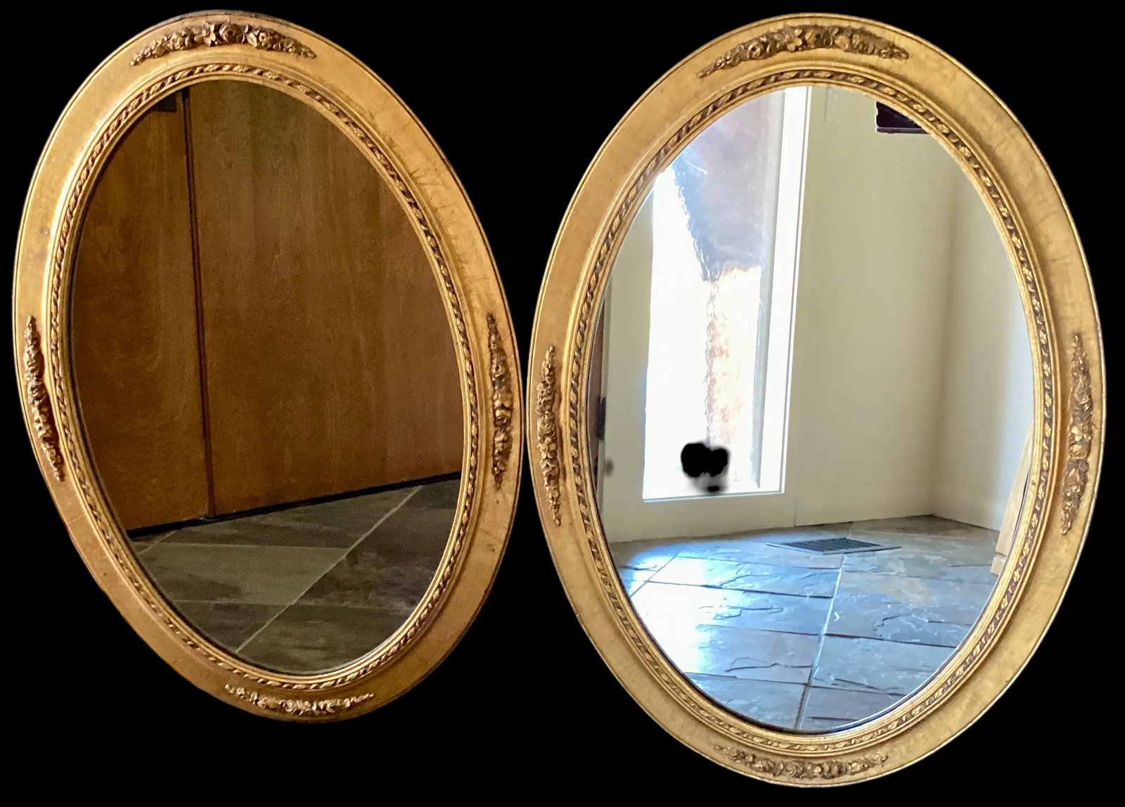 1950's-1960's Mid-Century-Pair of Giltwood and Gesso Oval Wall Mirrors Vanity Mirrors Bathroom Mirro - 4