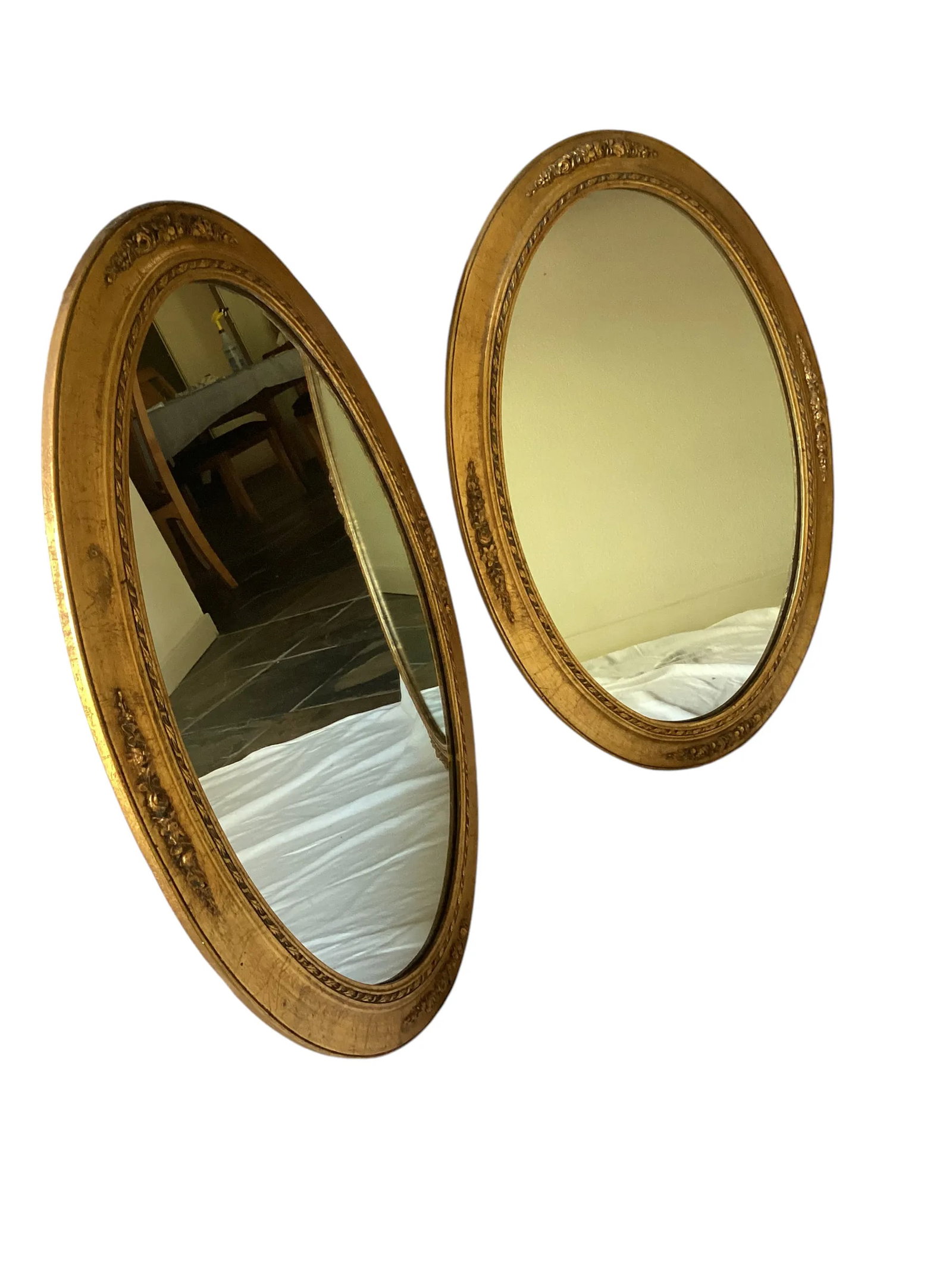 1950's-1960's Mid-Century-Pair of Giltwood and Gesso Oval Wall Mirrors Vanity Mirrors Bathroom Mirro - 5