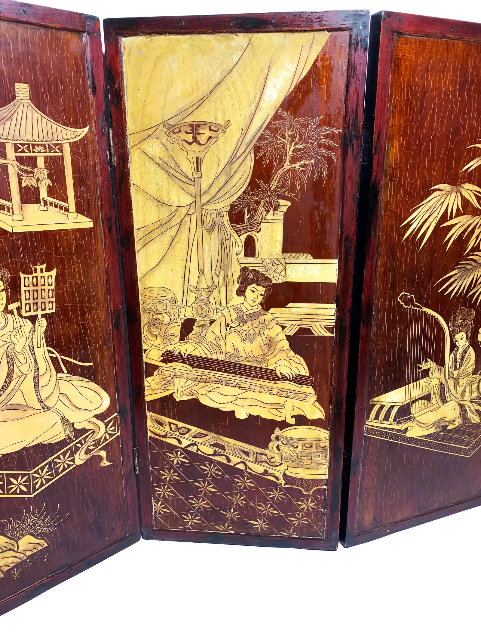 Early 20th Century Antique Handmade Chinoiserie Wooden 4-Panel Folding Coromandel Screen - 10