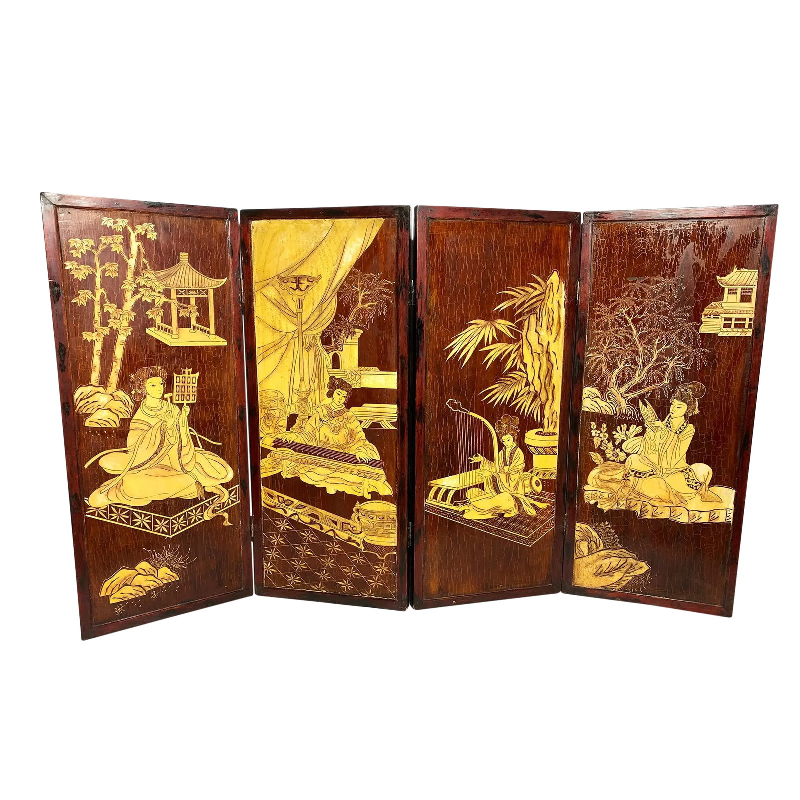 Early 20th Century Antique Handmade Chinoiserie Wooden 4-Panel Folding Coromandel Screen: Large, stunning turn of the century antique Chinoiserie hand made folding wooden 4 panel coromandel screen art. This piece is amazing! It is hand carved with great intricacy in a detailed scene