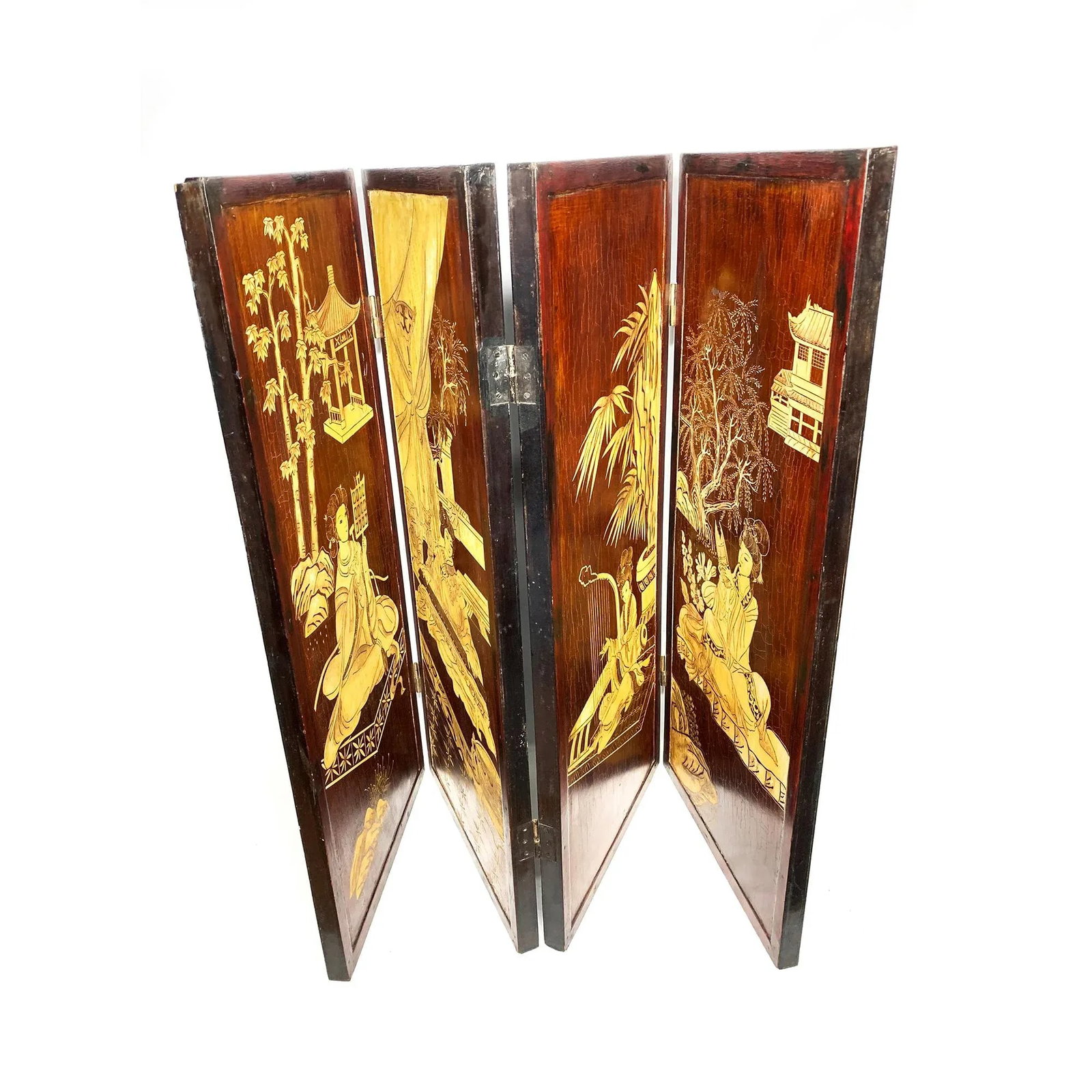 Early 20th Century Antique Handmade Chinoiserie Wooden 4-Panel Folding Coromandel Screen - 3