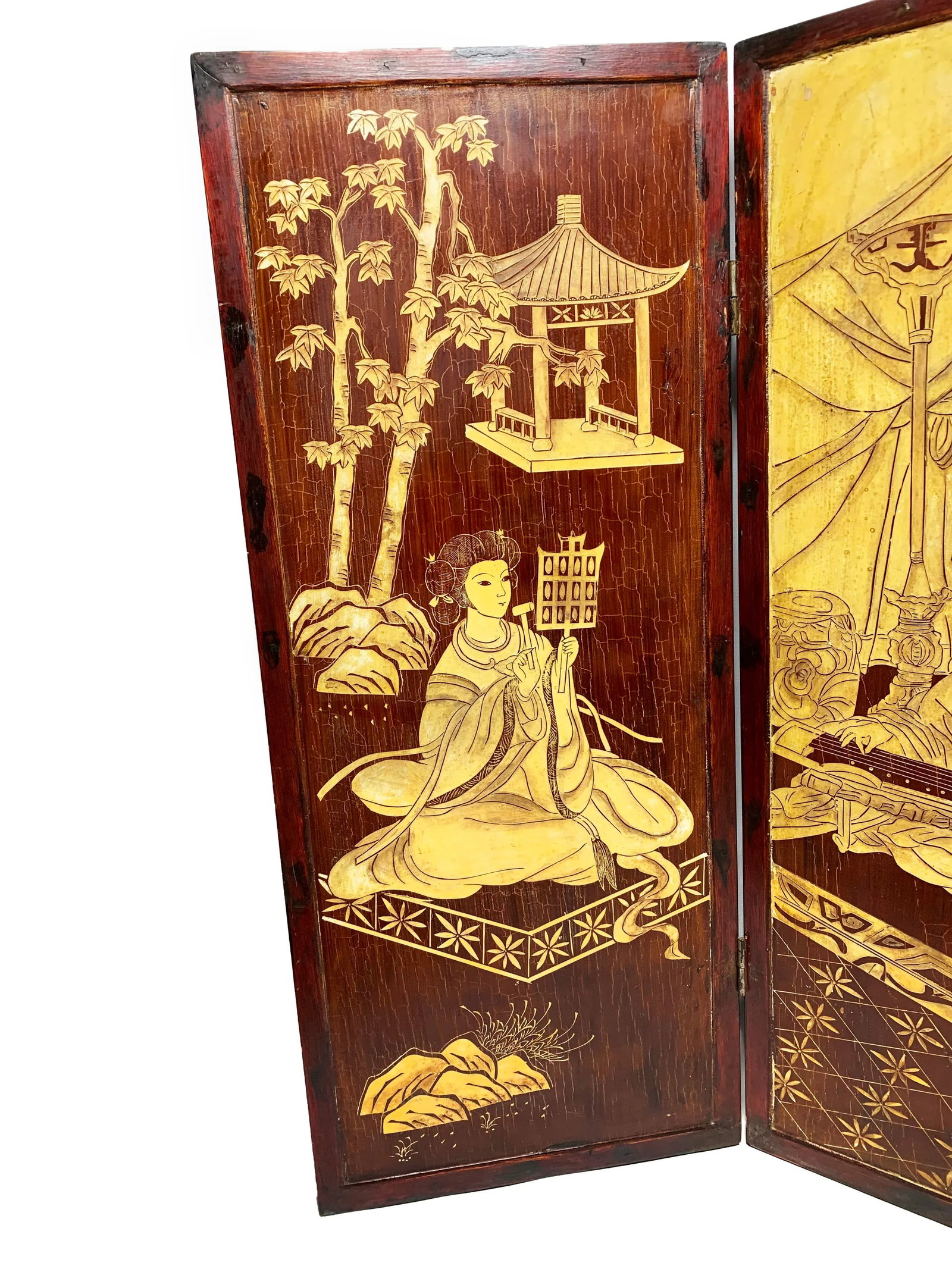 Early 20th Century Antique Handmade Chinoiserie Wooden 4-Panel Folding Coromandel Screen - 5