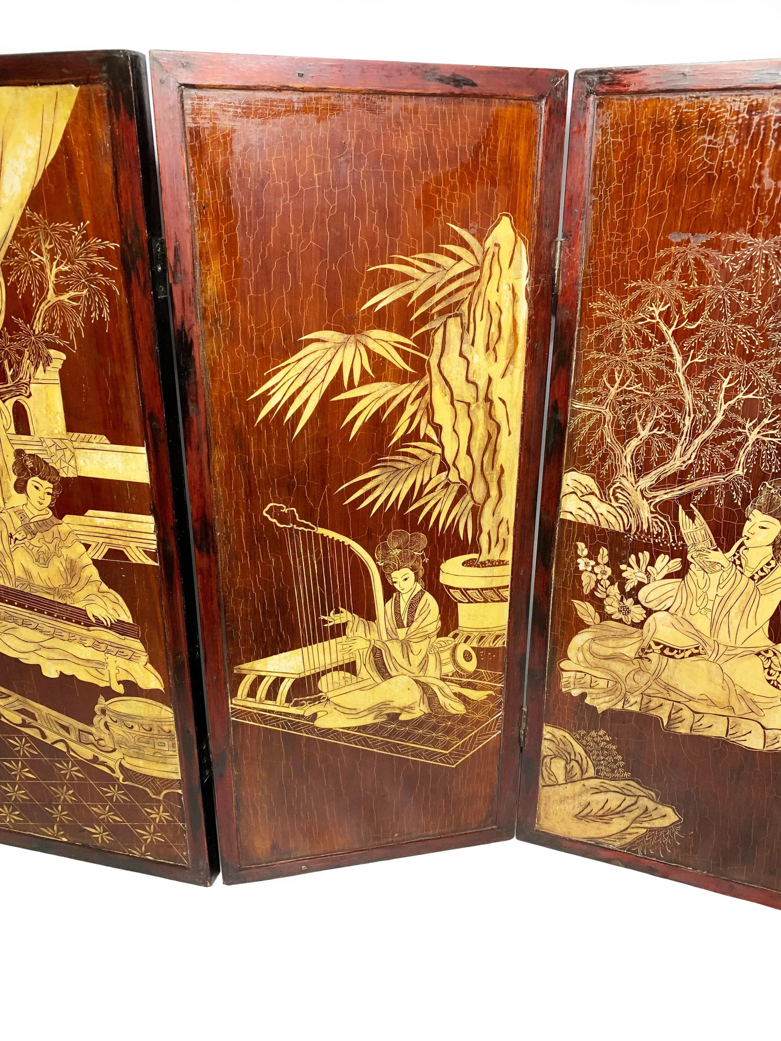 Early 20th Century Antique Handmade Chinoiserie Wooden 4-Panel Folding Coromandel Screen - 7