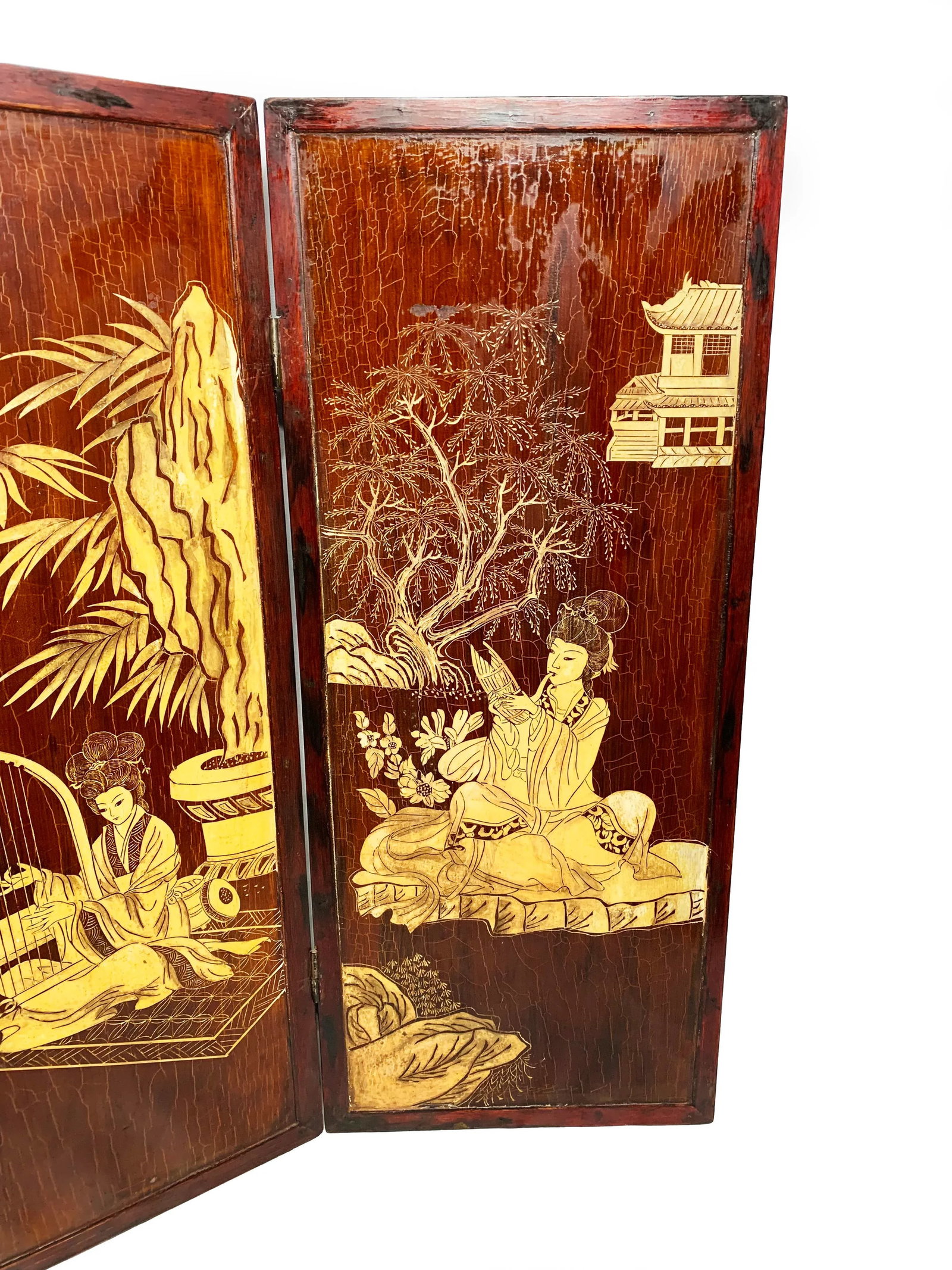 Early 20th Century Antique Handmade Chinoiserie Wooden 4-Panel Folding Coromandel Screen - 9