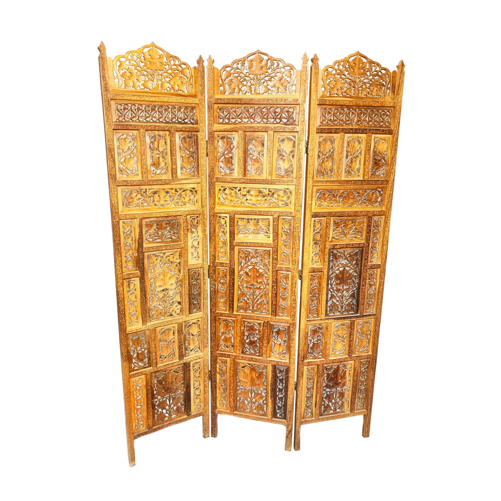 Indian Hand Carved Three Panel Wooden Screen (1 of 6)