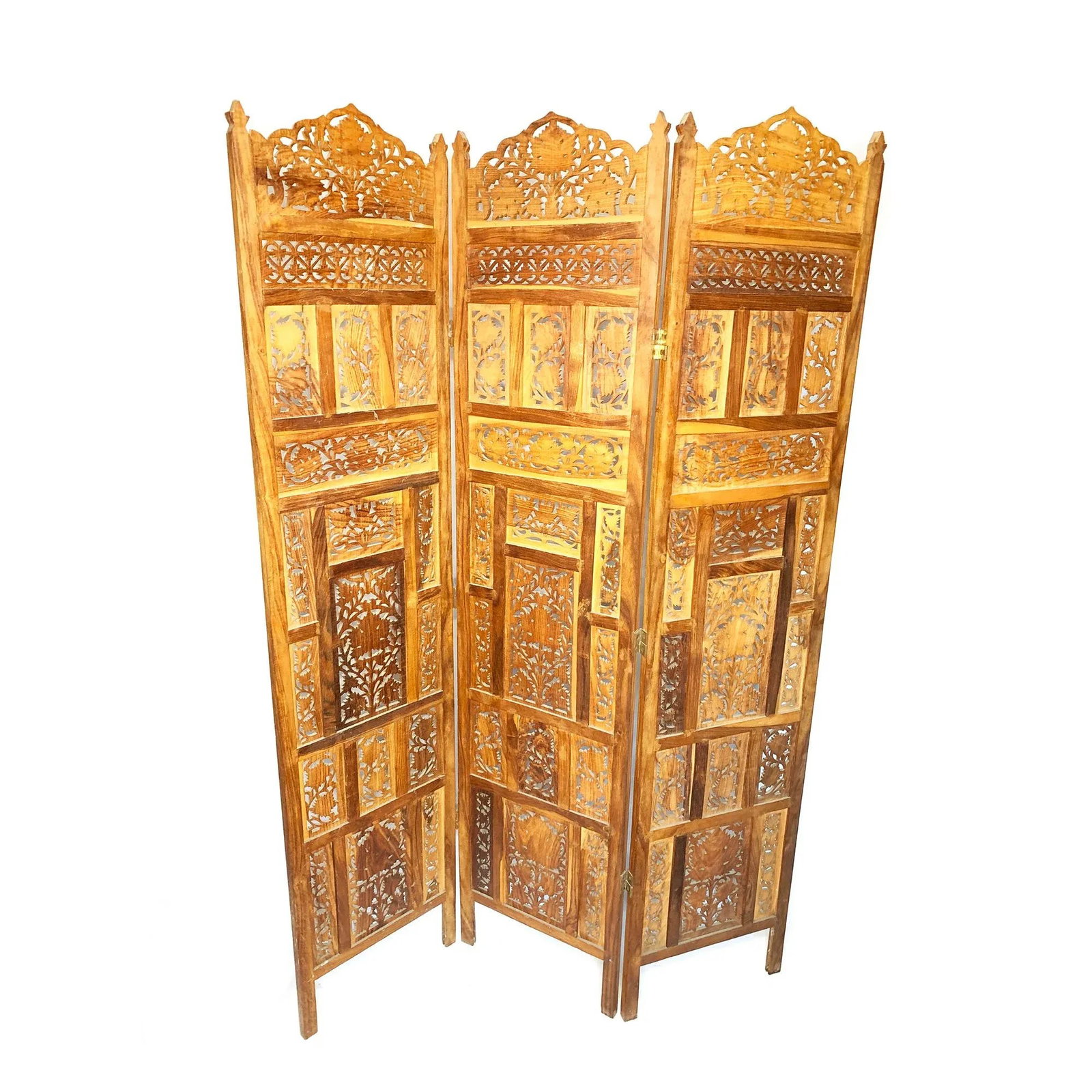 Indian Hand Carved Three Panel Wooden Screen - 2